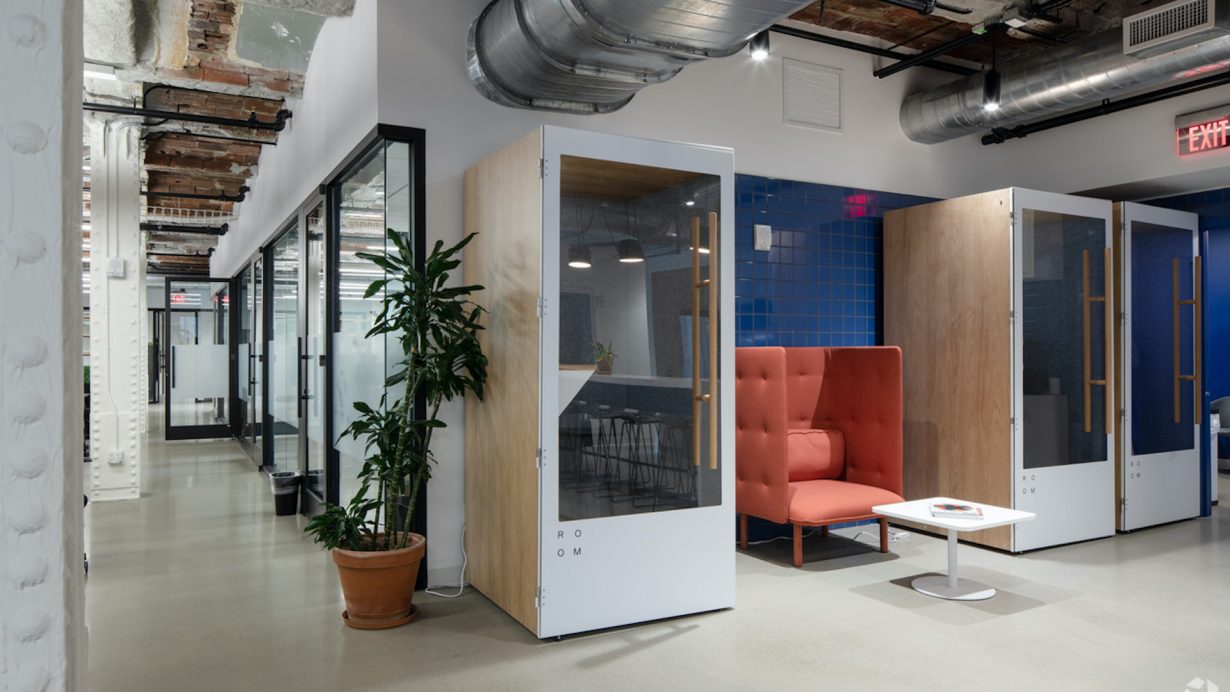 Soundproof phone booths make it easy to hop on a call without disturbing teammates.