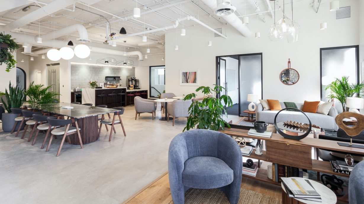 Inside, the location is filled with natural light, lush greenery, and comfortable contemporary furnishings.