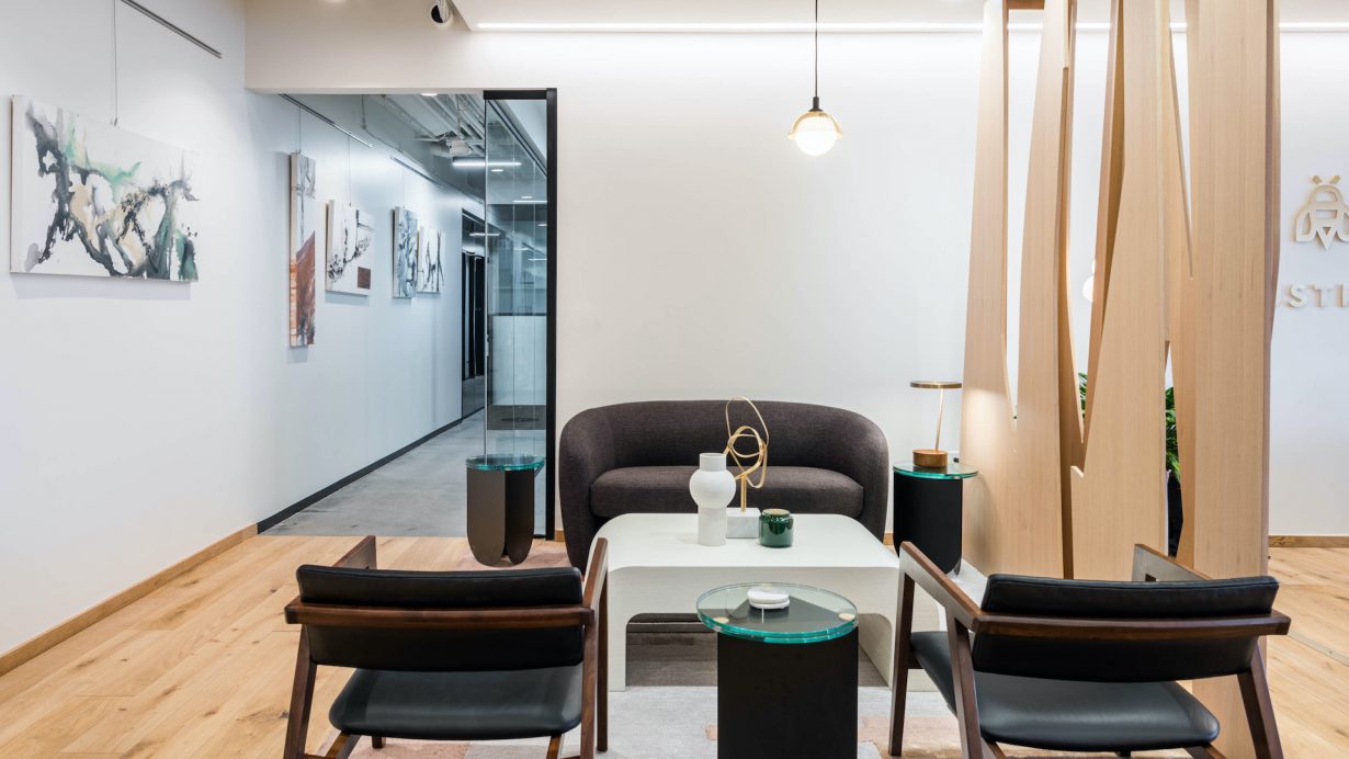 A rotating gallery wall holds works by local artists.