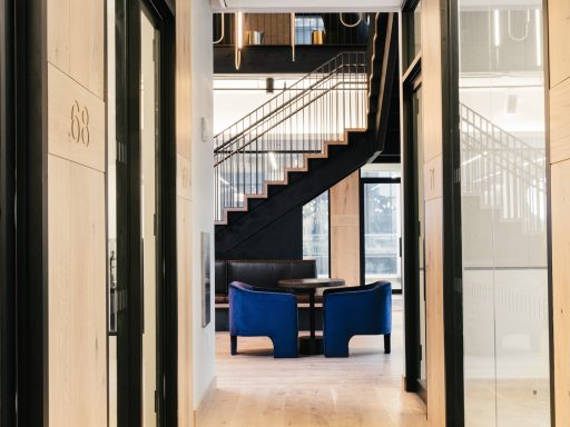 White oak flooring adds warmth to Industrious at Equinox.