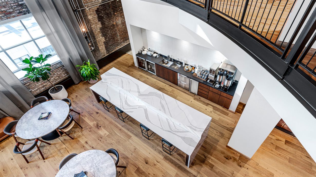 The two-story café area is stocked with a rotating selection of snacks each day.