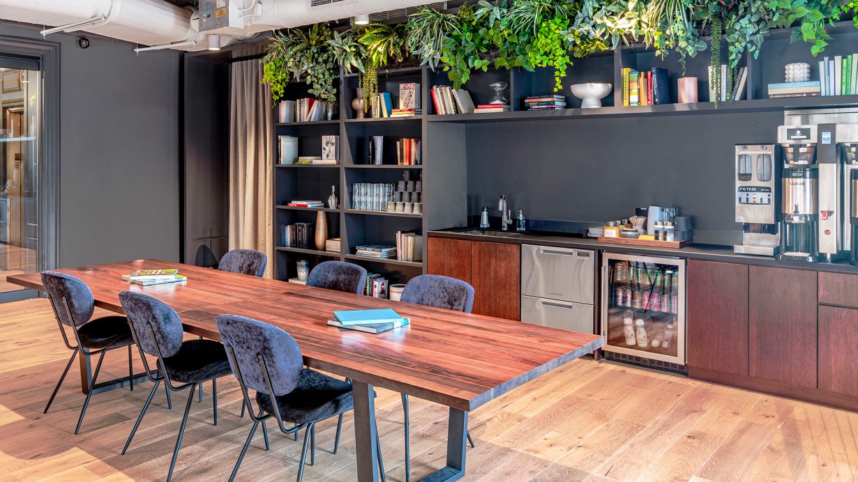 Greenery adds warmth and vibrancy to the space.