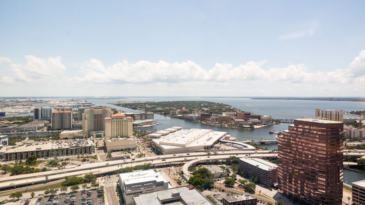 The workplace’s large windows look out on downtown Tampa.