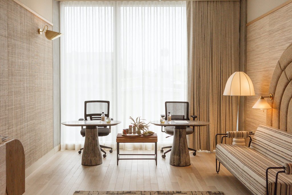 Hotel rooms-turned-offices at Santa Monica Proper can accommodate individuals or teams of up to six.