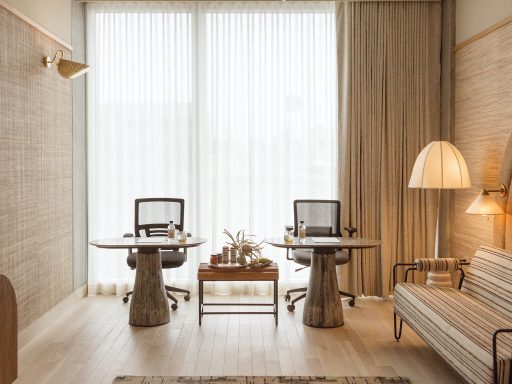 Hotel rooms-turned-offices at Santa Monica Proper can accommodate individuals or teams of up to six.