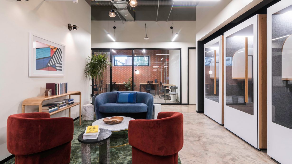 Soundproof phone booths make it easy to take a private call or simply focus.