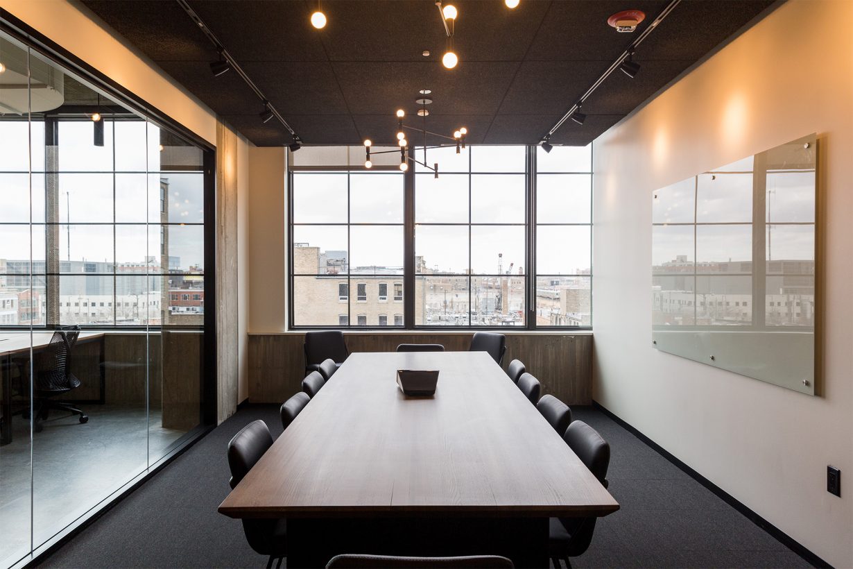 Factory-style windows pay tribute to the area’s industrial roots.