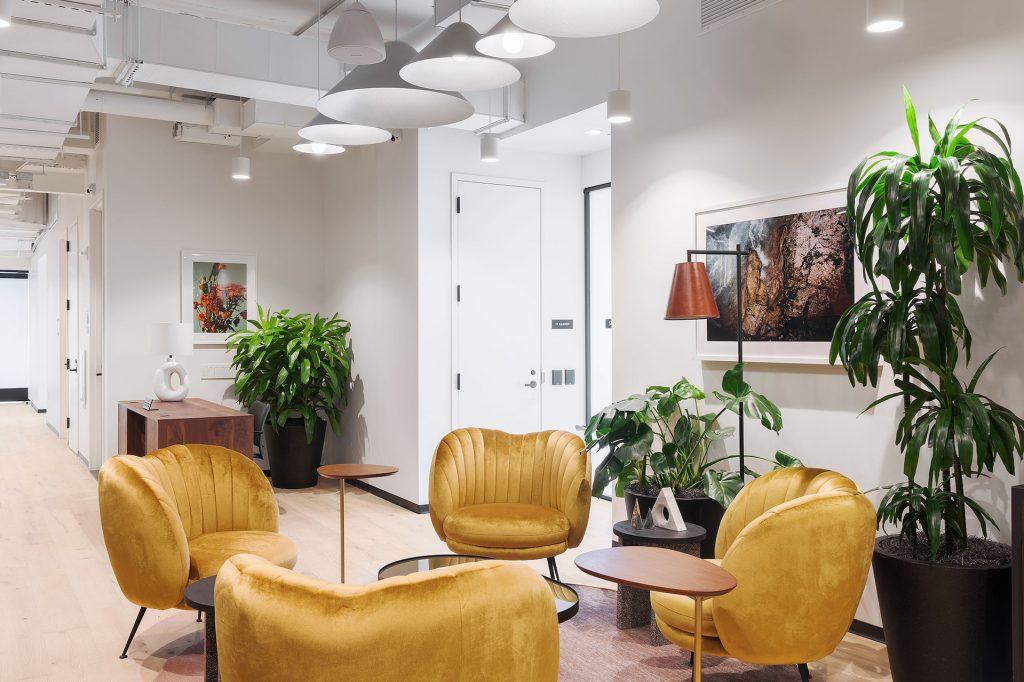 Chic, contemporary furnishings add pops of color to the common areas.