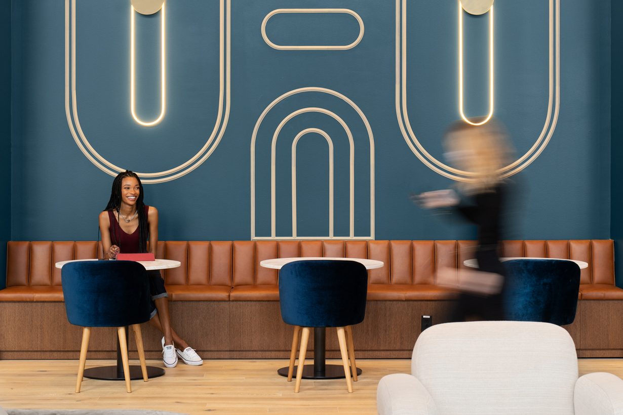 The cafe, where members can work, relax, or get to know their colleagues over lunch.