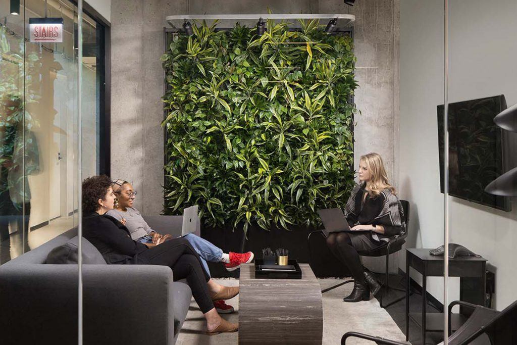 The Zauben Model Z living wall is an example of biophilic office design. Here, it's on display in the Zauben Showroom, in Industrious' Fulton Market location. The wall is a self-irrigating vertical structure covered top-to-bottom in greenery and is located in a stylish conference room with glass walls.