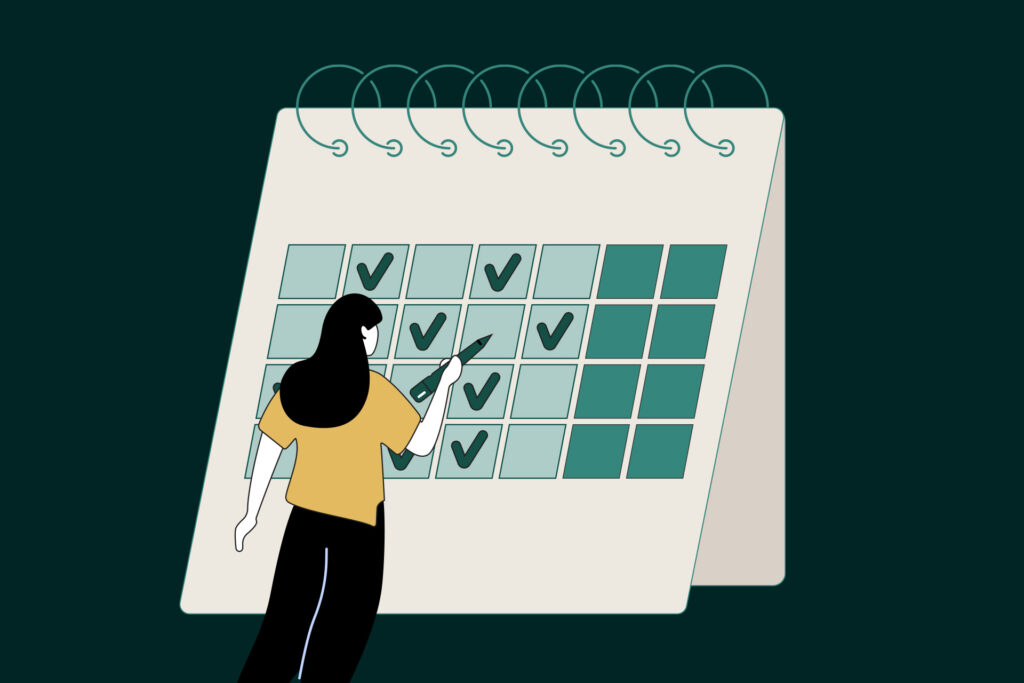 An illustrated depiction of a hybrid work schedule, featuring a woman checking off the days on a calendar when she plans on attending work in the office.