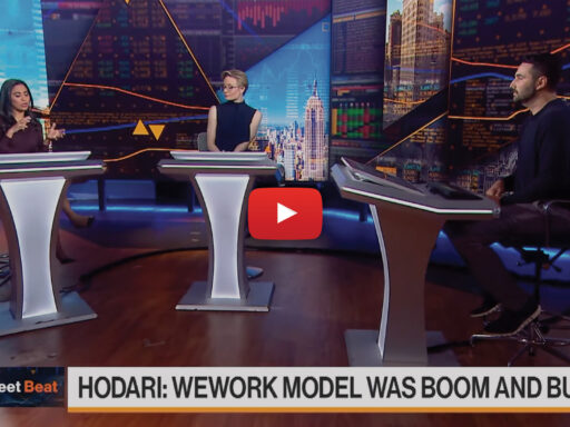 Industrious CEO Jamie Hodari on the set of Bloomberg Markets with Anchor Alix Steel and Bloomberg reporter Sonali Basak, discussing the future of flexible work in the wake of the recent WeWork bankruptcy announcement.